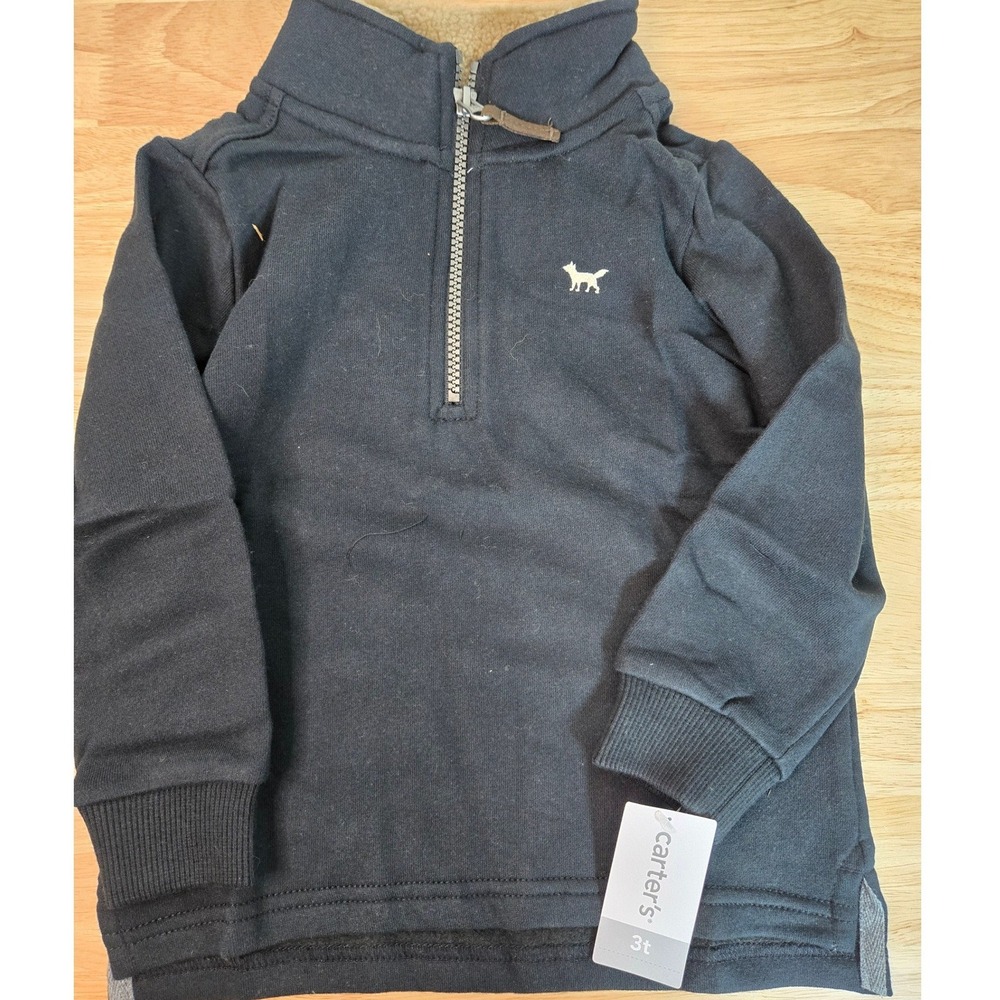 Carters Toddler Boys Black Sherpa Lined Quarter Zip Fox Fleece Sweatshirt 3T